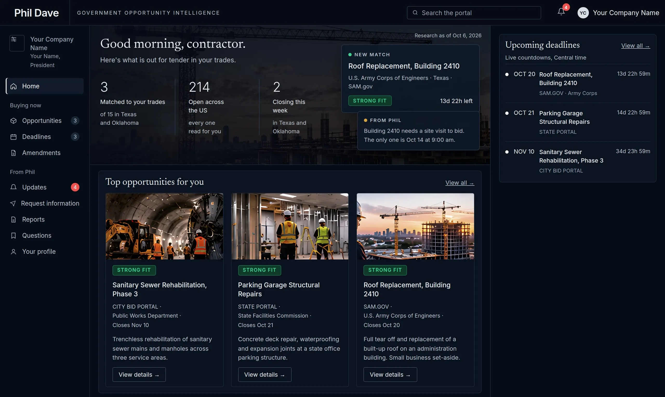 The Phil Dave client portal for a construction company: matched bids, a new strong-fit Army Corps roof replacement, a note about a mandatory site visit, top opportunities and live deadline countdowns